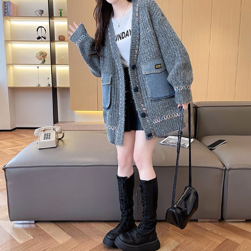 【outer】デニムドッキングニットカーディガン Q7187