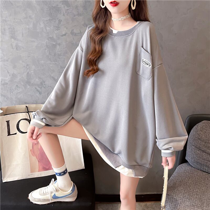 【tops】ラウンドネック長袖偽二つ切り替え英字柄ゆったり着回しパーカーF0676