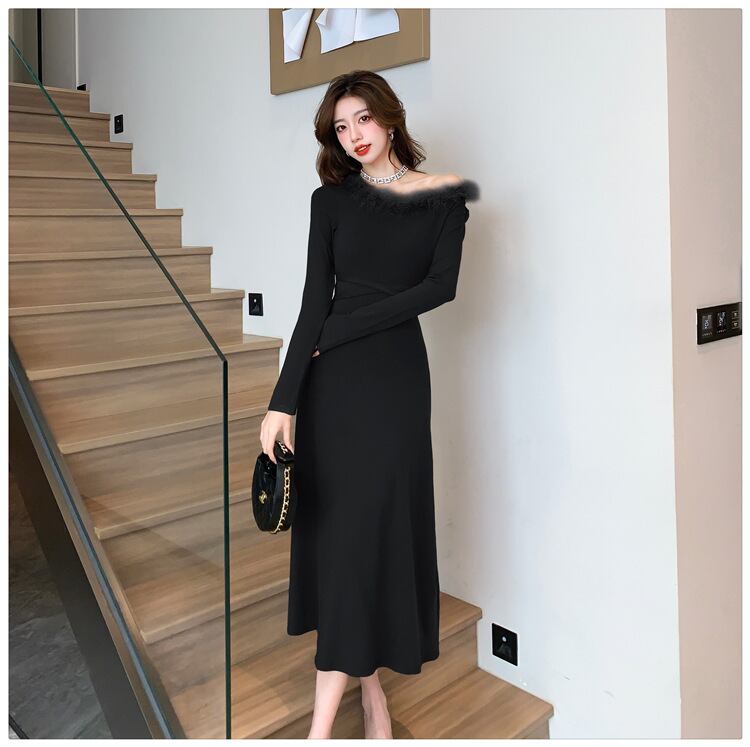 【dress】ファーネックニットワンピース　M18254
