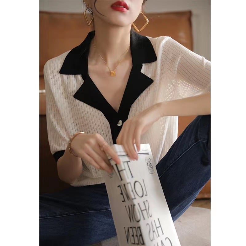 【tops】透かし彫り薄手ニットトップスG21049