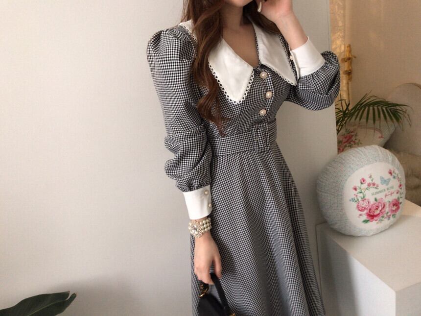 【dress】秋高級感 気質満点ドールカラーフランス風チェック柄ワンピース G1784