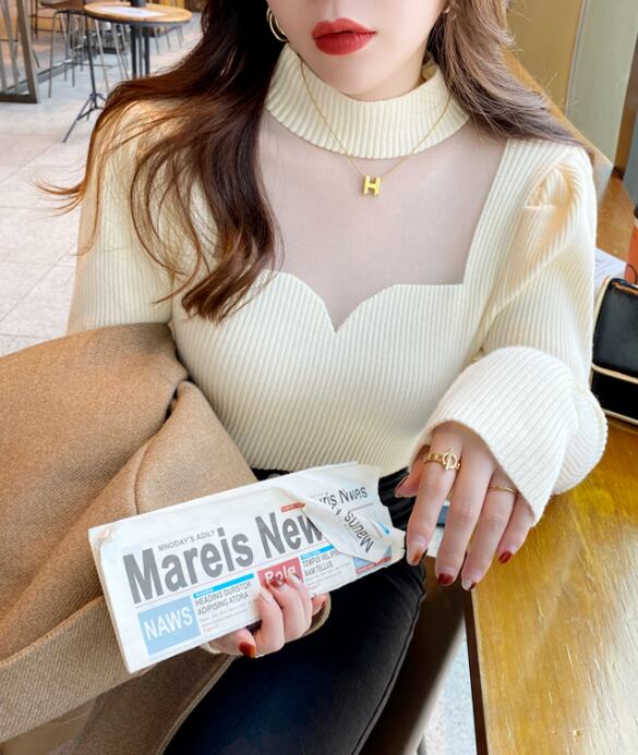 【tops】韓国風3色ハーフネック長袖レース切り替え着回しニットセーターF4418