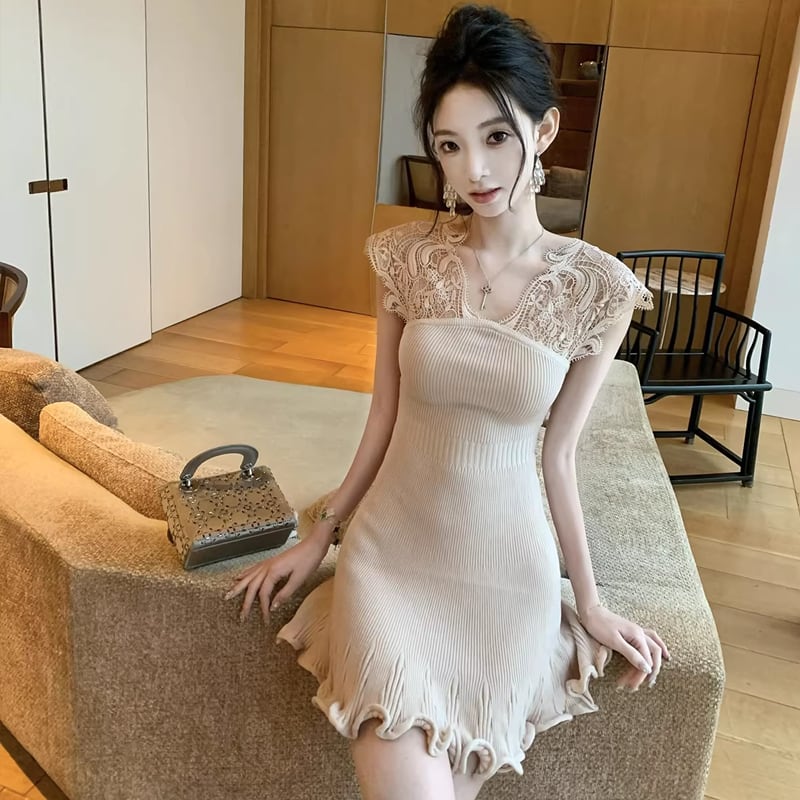 【dress】ノースリーブレースドッキングミニワンピース Q8469