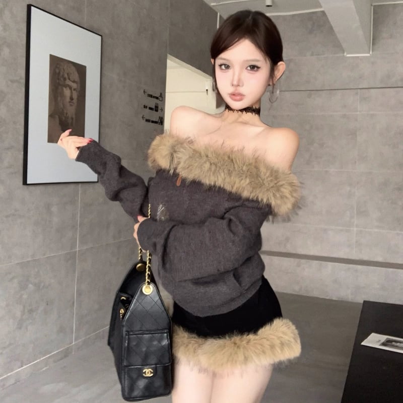 【set】ファーオフショルダートップス×ファーショートパンツセット Q7130