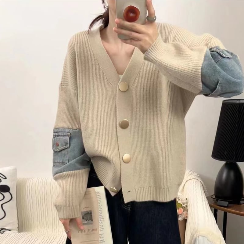 【tops】Vネックデニムドッキングニットトップス Q6369