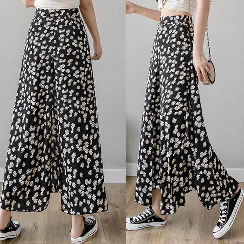 【bottoms】細身効果抜群♪シンプル花柄合わせやすいハイウエスト九分丈ガウチョパンツF0065