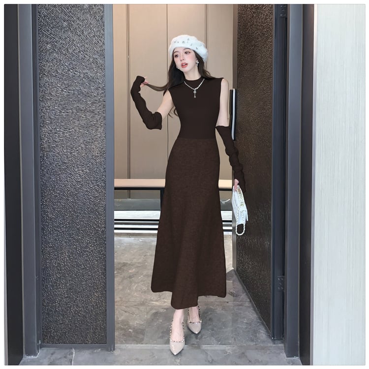 【dress】アームカバー付きドッキングニットワンピース　M28118