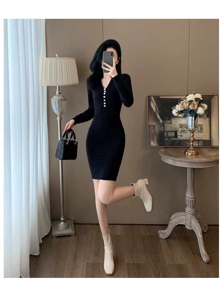 【dress】Vネックニットワンピース　M25346