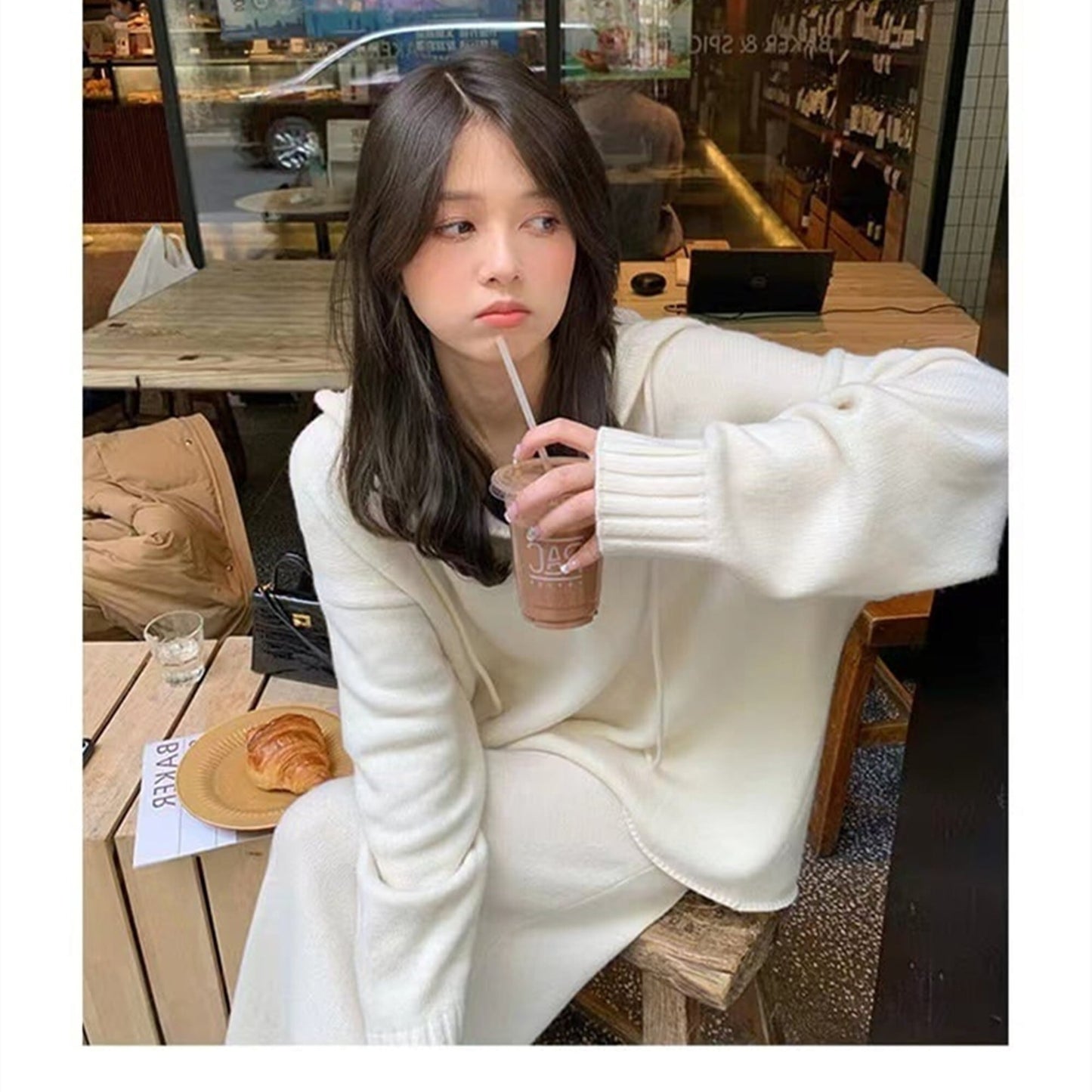 【set】フード付きニットトップス×スカートセット　N-1262