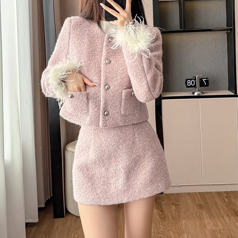 【set】袖ファーコート×ミニスカートセット Q7684