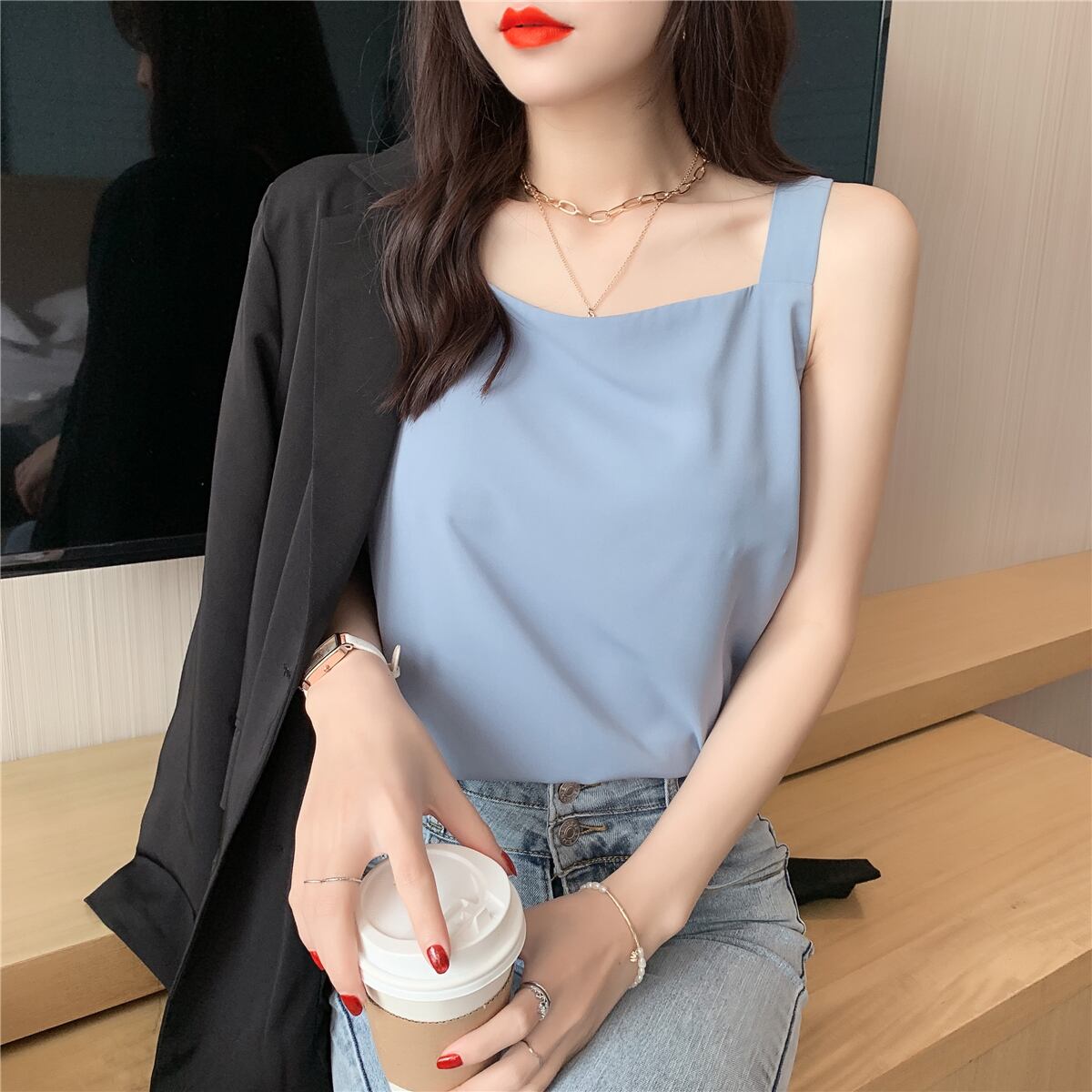 【tops】店長推薦3色夏新作韓国風INS風スクエアネック無地着回しキャミソールF1996