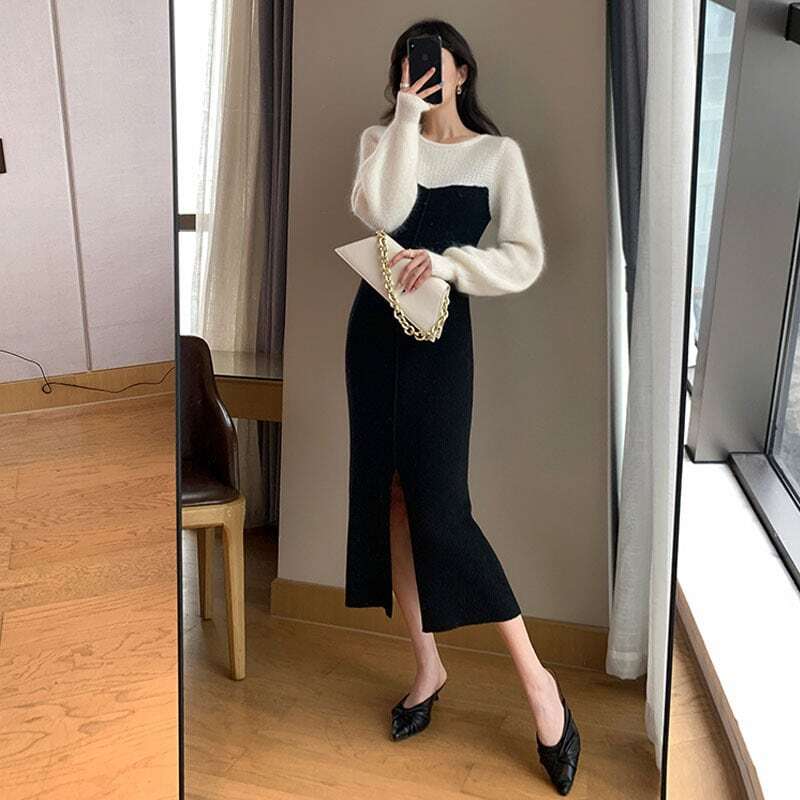 【dress】好感度UP!気質満点カラーマッチングレトロスリット着痩せニットワンピース G3908