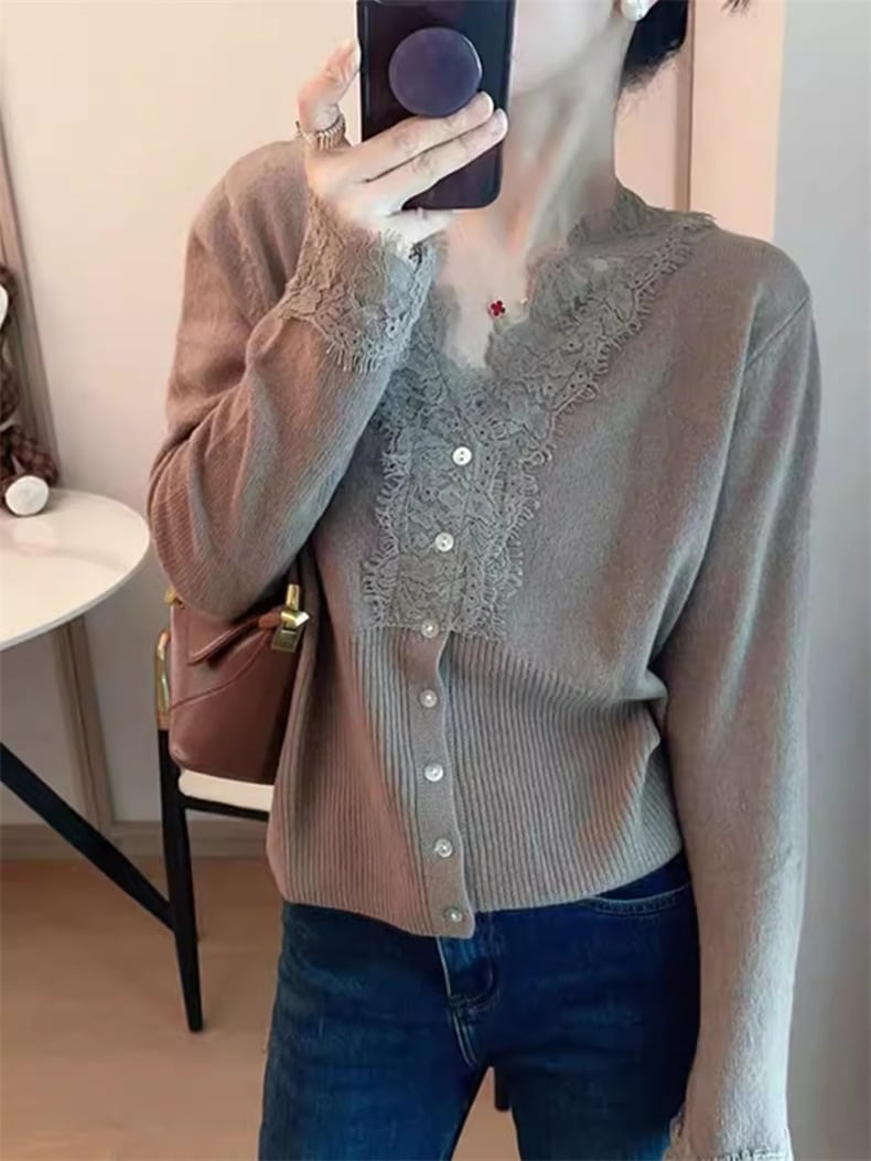 【tops】レース切り替えニットトップス　M25992