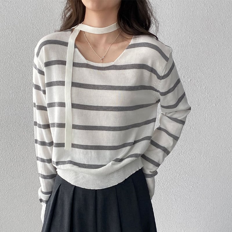 【tops】スカーフ付きボーダー柄ニットトップス Q8284