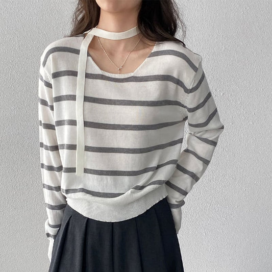 【tops】スカーフ付きボーダー柄ニットトップス Q8284