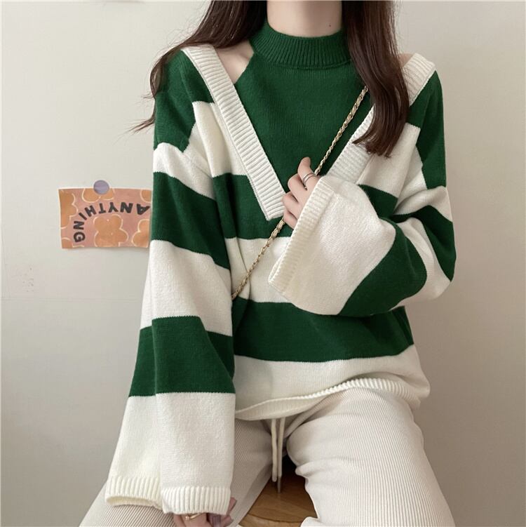 【tops】オフショルダーストライプ柄ニットG17450