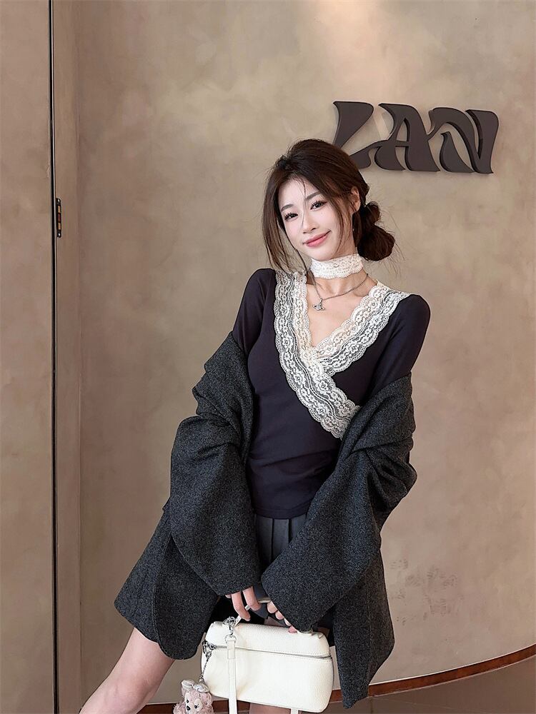 【tops】レース切り替え長袖シャツ　M28348