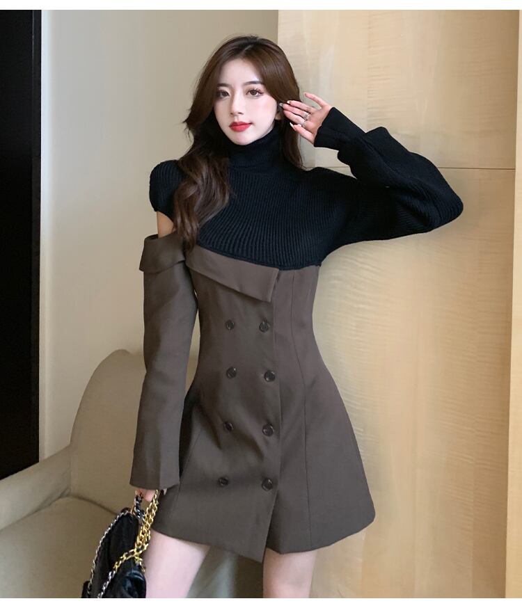 【dress】一目惚れ！ハイネック長袖ニット替え体型カバーファッション配色ワンピースF0972