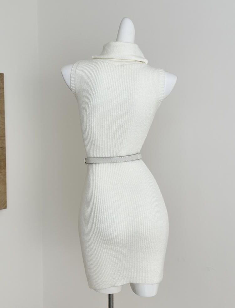 【dress】ベルト付きハイネックノースリーブニットワンピース Q7640