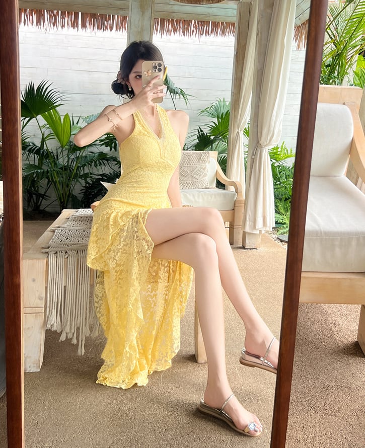 【dress】ホルターネックイレヘムレースワンピース Q8414