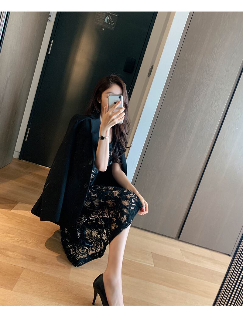 【dress】韓国ファッションVネック半袖レース体型カバー気質淑女マーメイドワンピースF0293