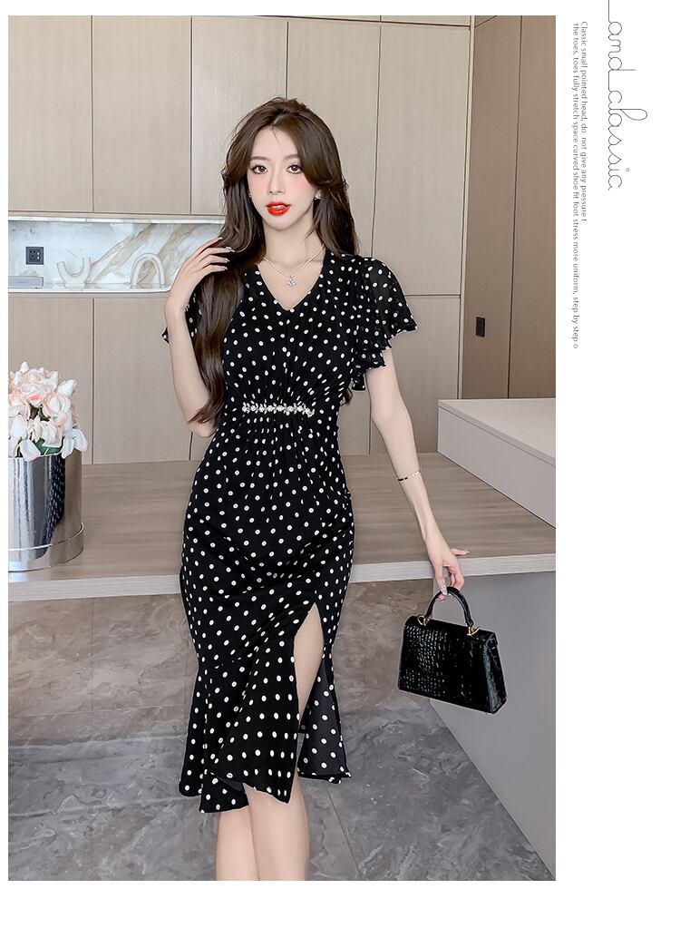 【dress】フランス風体型カバードット柄スリットワンピース G15210