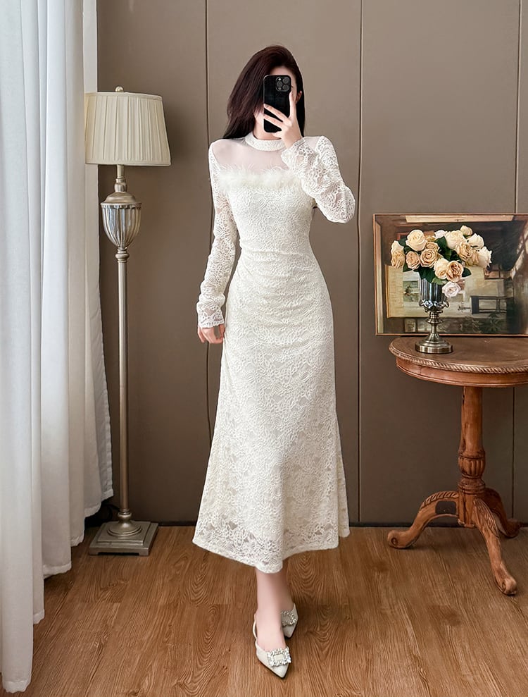【dress】ファー付きレースワンピース Q7498