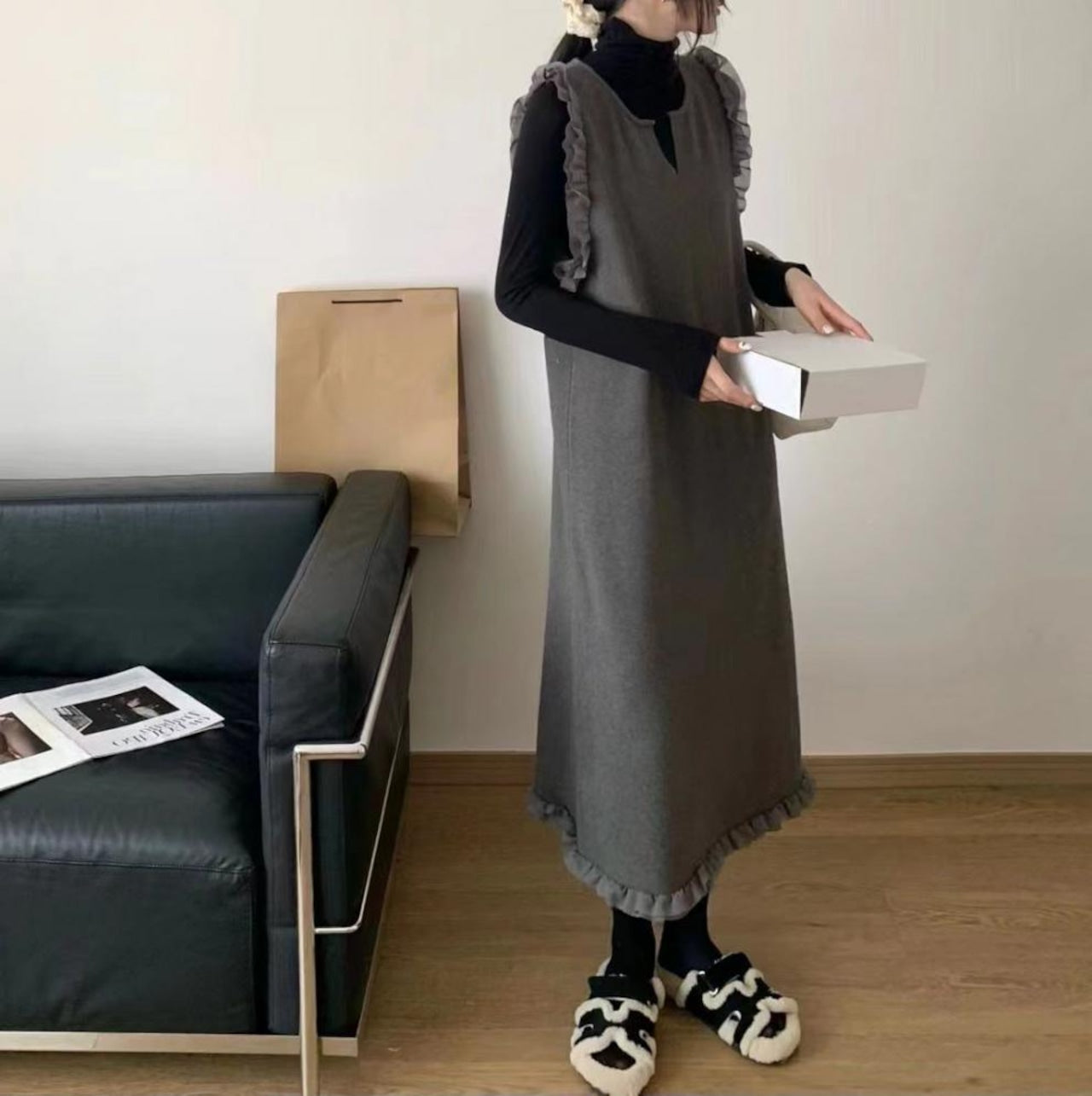 【dress】ギャザーベストロング丈ワンピースF8104