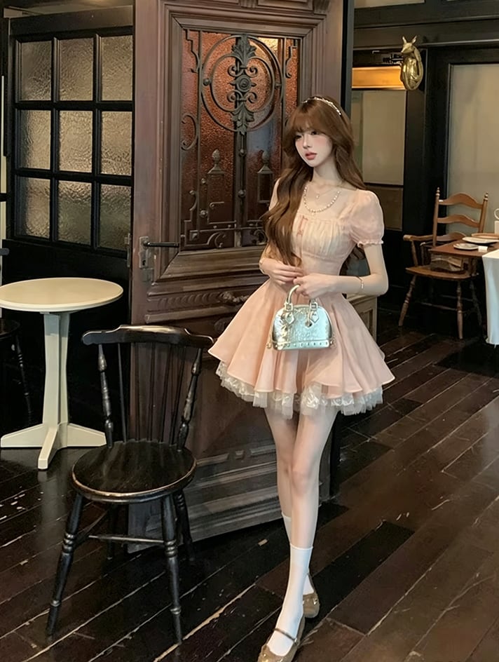 【dress】レースドッキングフレアワンピース Q8470