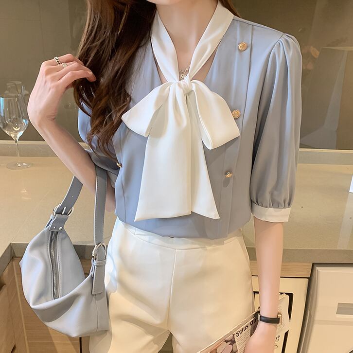【tops】韓国ファッションタイカラー半袖配色着回しシンプルゆったりブラウスF0131