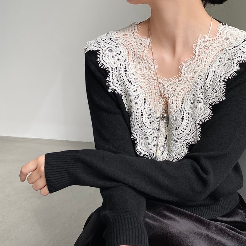 【tops】Vネックレースドッキングニットトップス Q7241