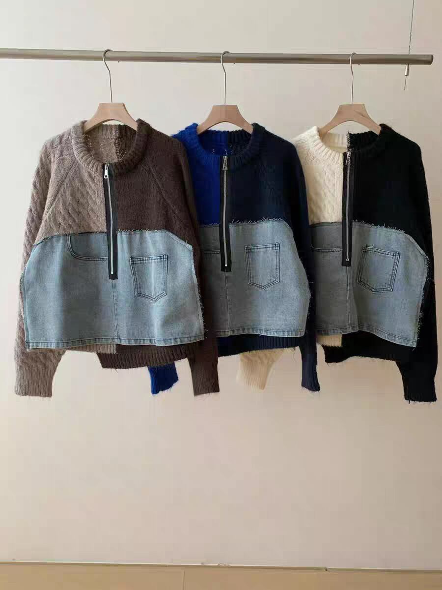 【tops】デニム切り替えニットトップス　N3288