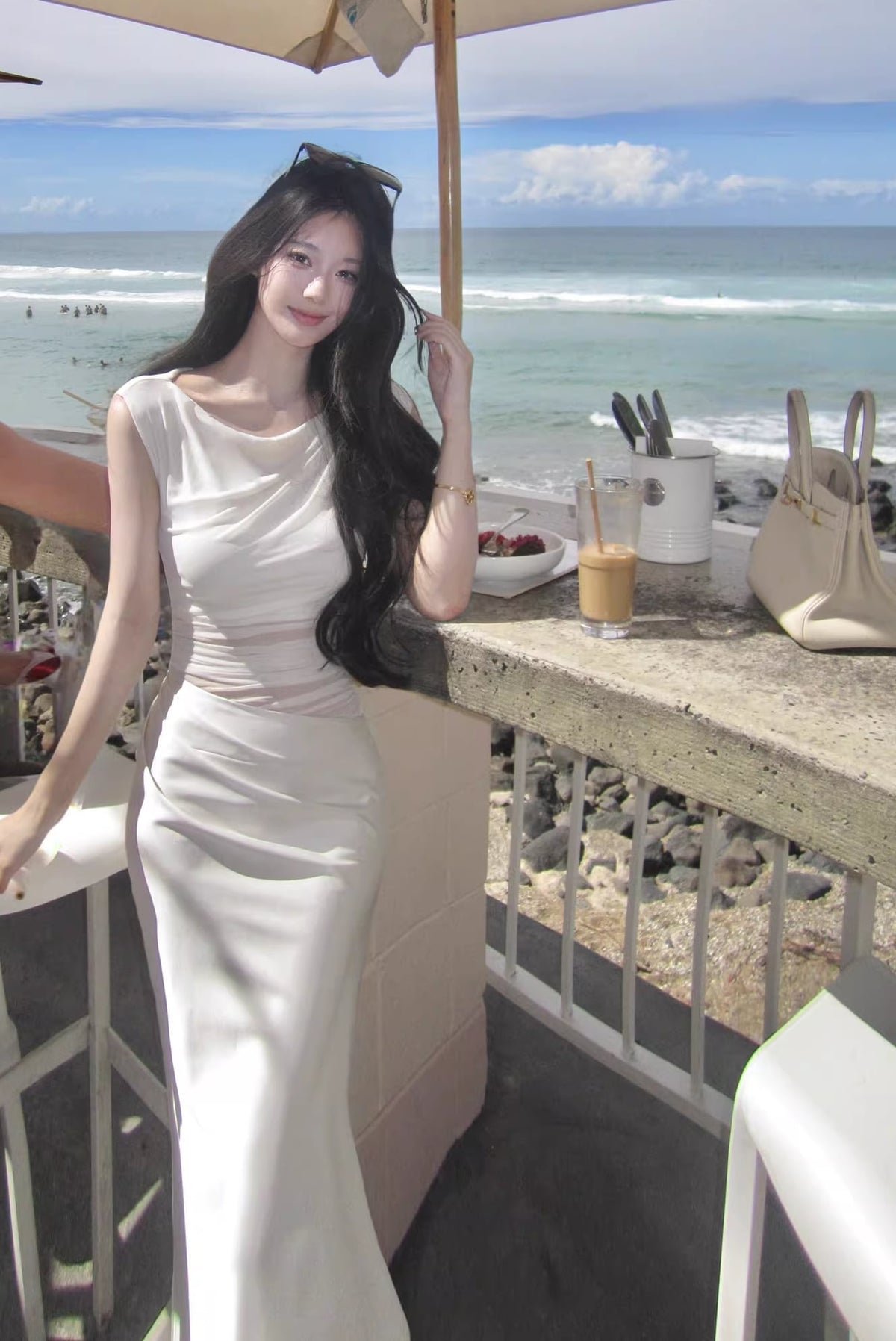 【dress】ノースリーブチュールドッキングロングワンピース Q7988