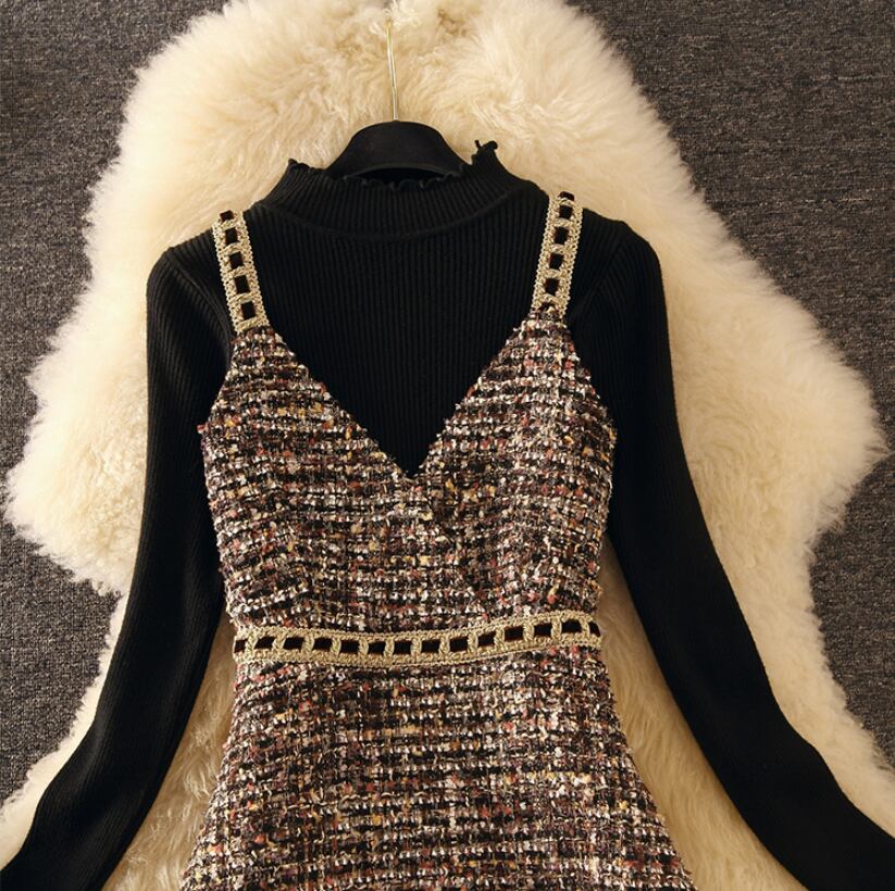 【set】今季マストバイ!気質満点ニットトップス+キャミワンピース秋冬２点セット G3176