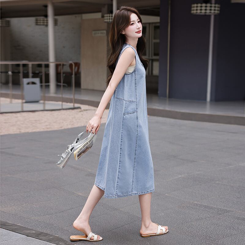 【dress】デニムロングベストワンピース Q8422
