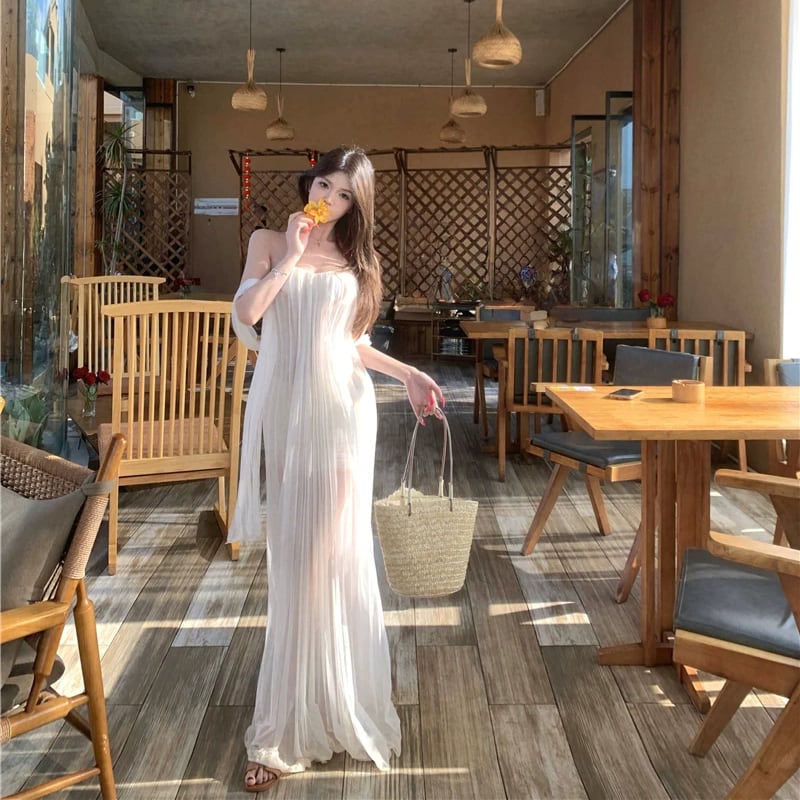 【dress】スカーフ付きシアーチュールチューブワンピース Q8511