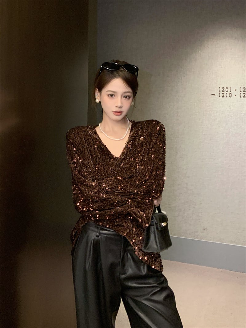 【tops】スパンコールVネックトップス　M28576