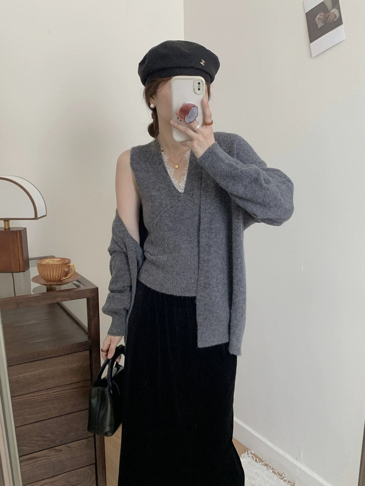 【tops】レース切り替えノースリトップス×カーディガンセット　N2155