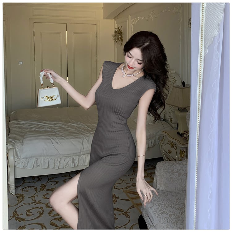 【dress】Vネックニットスリットワンピース G21278