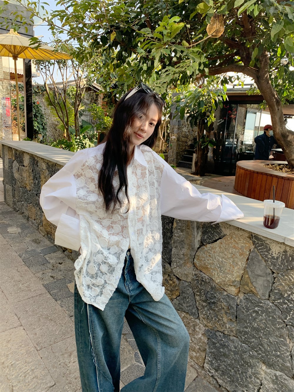 【tops】レース切り替えシャツブラウス　M29788