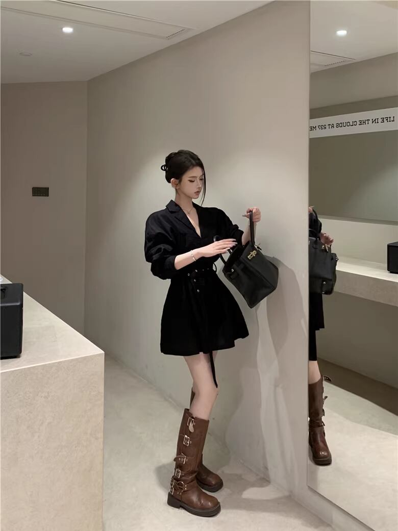 【dress】ベルト付きミニシャツワンピース Q8383