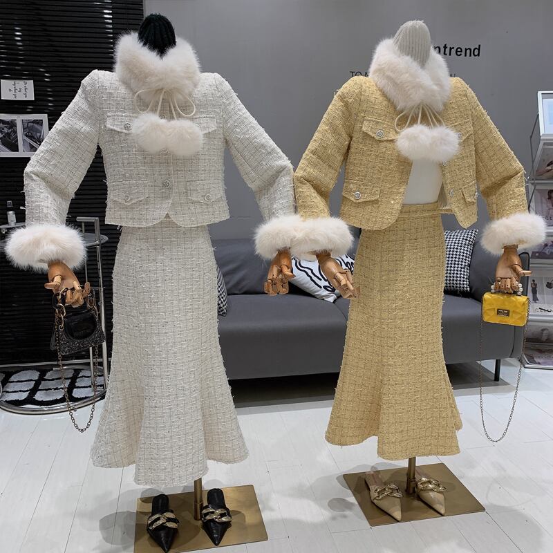 【set】ファー付きツイードジャケット×ロングスカートセット Q7463
