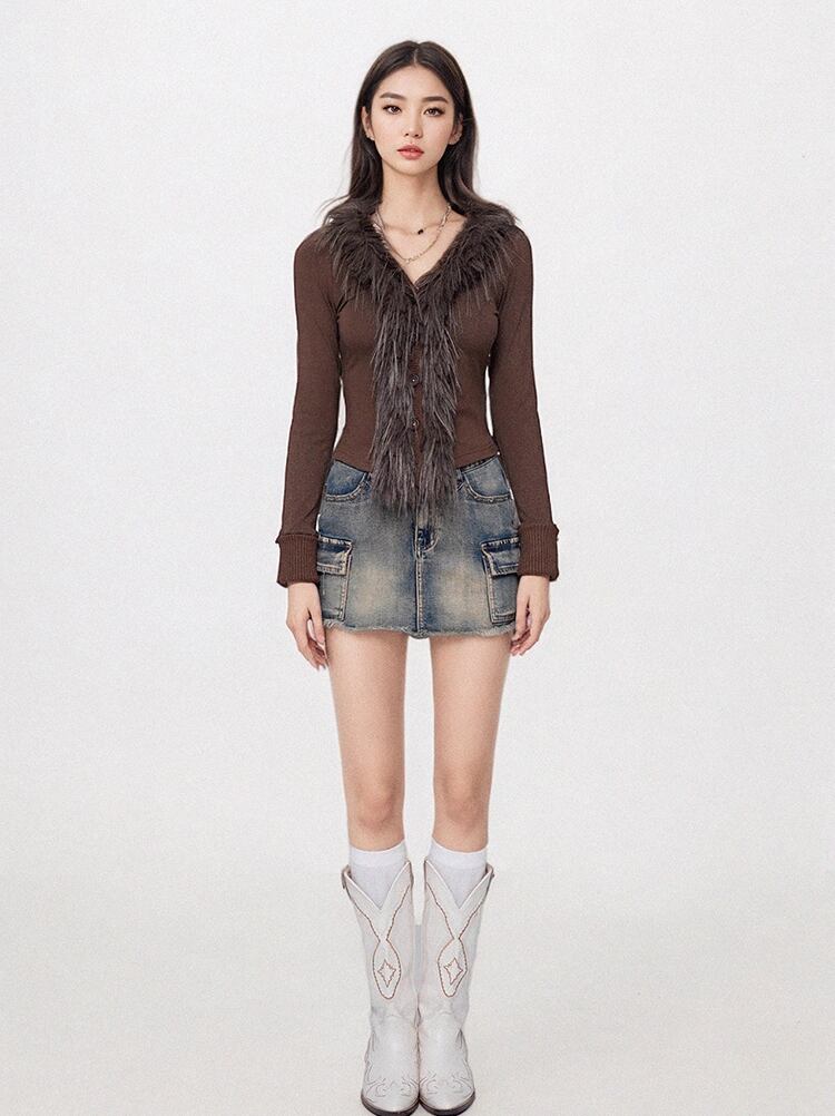 【tops】ファードッキングニットトップス Q7617