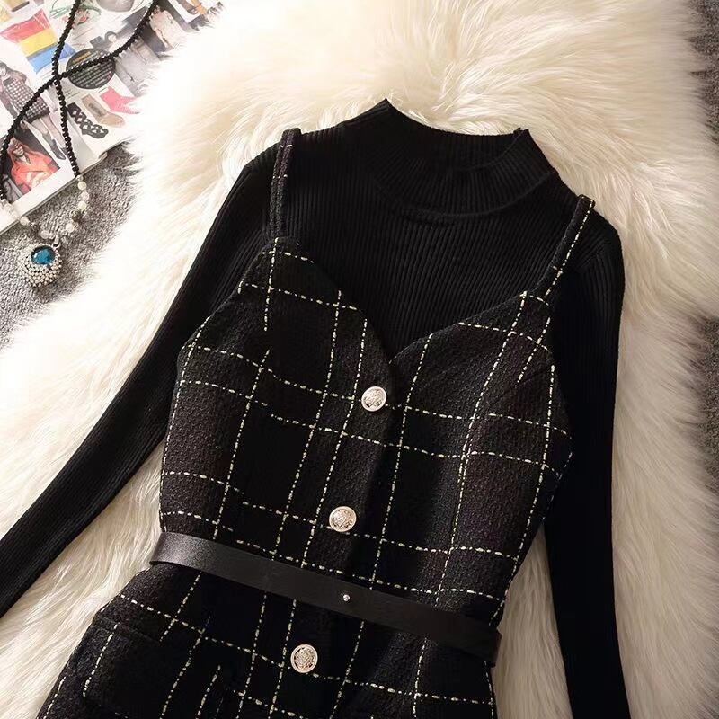 【set】一目惚れ！2点セット無地セーター+Vネックウェスト絞りチェック柄キャミワンピース通勤日常セットアップF1405