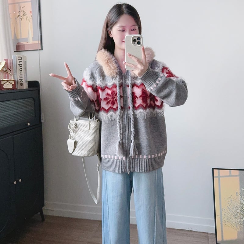 【outer】ファー付きニットカーディガン Q7129