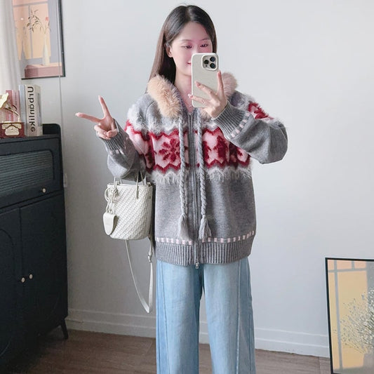 【outer】ファー付きニットカーディガン Q7129