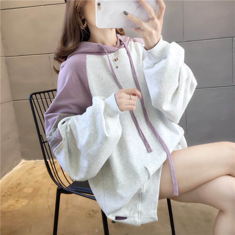 【tops】韓国ファッション長袖フード付き配色ゆったりカジュアルパーカーW0368