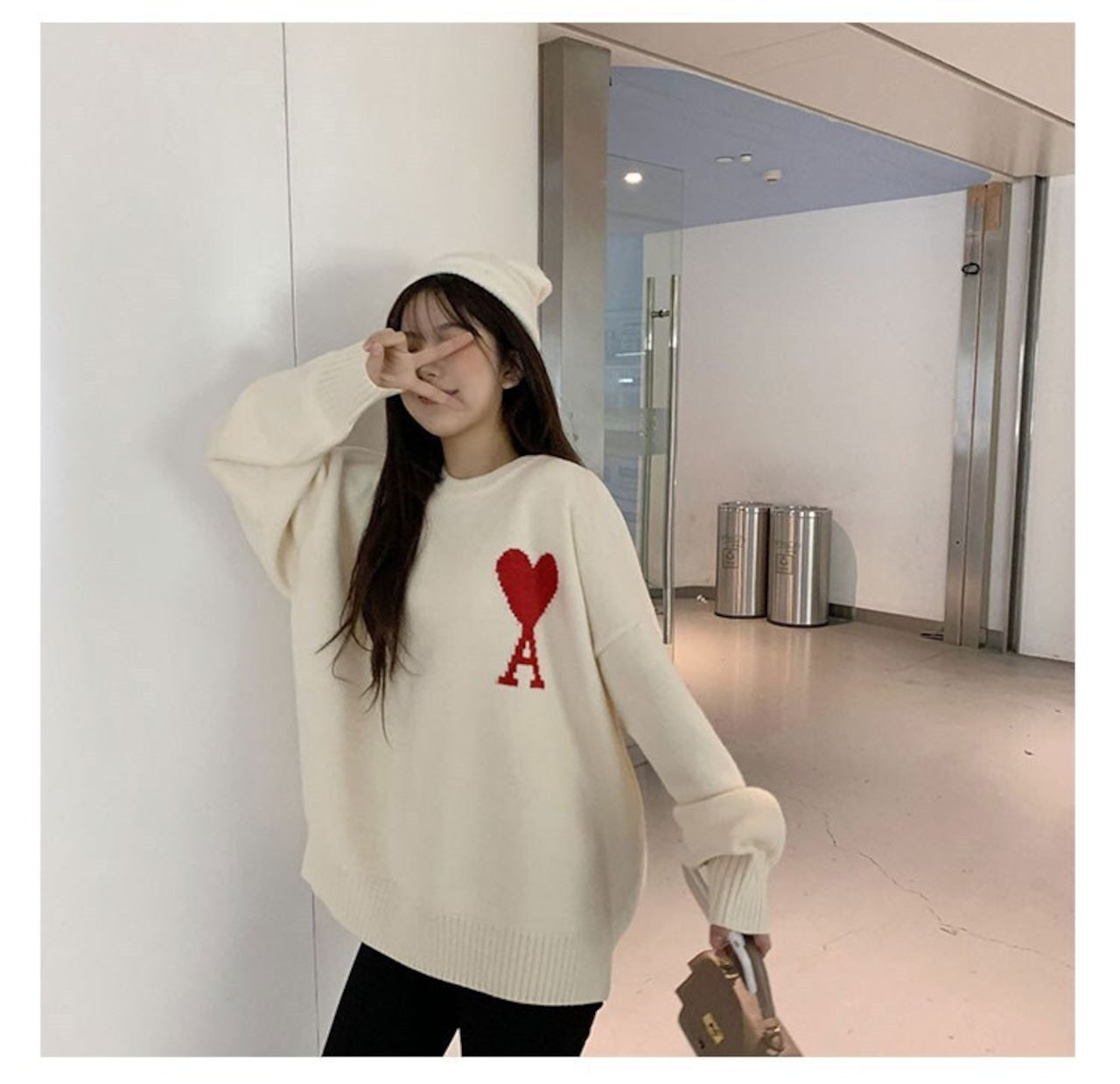 【tops】ラウンドネック長袖ニットセーターF8103