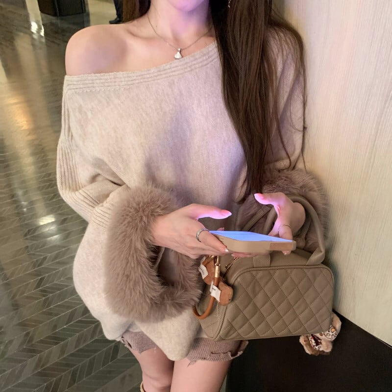 【tops】袖ファーオフショルダーニットトップス　M27715
