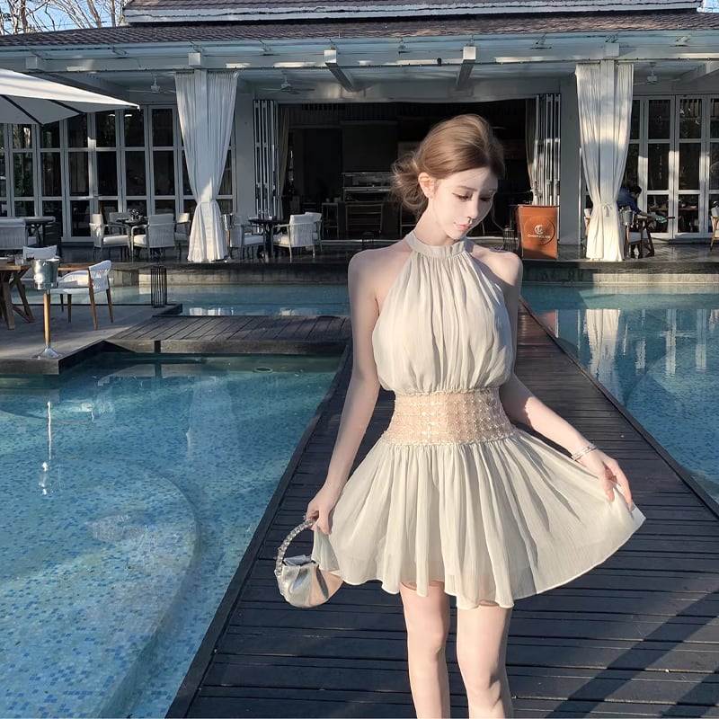 【dress】ビーズ付きノースリーブチュールミニワンピース Q8406